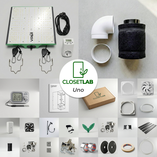 Alles in einer Box für Ihren Erfolg: Dieses Bild zeigt den vollständigen Lieferumfang des CLOSETLAB Uno Bausatzes. Vom speziell konzipierten Lichtlabyrinth über hochwertige Markenkomponenten (Viparspectra, be quiet!) bis zur letzten Schraube erhalten Sie ein perfekt abgestimmtes System für Ihren diskreten Design-Indoor-Garten