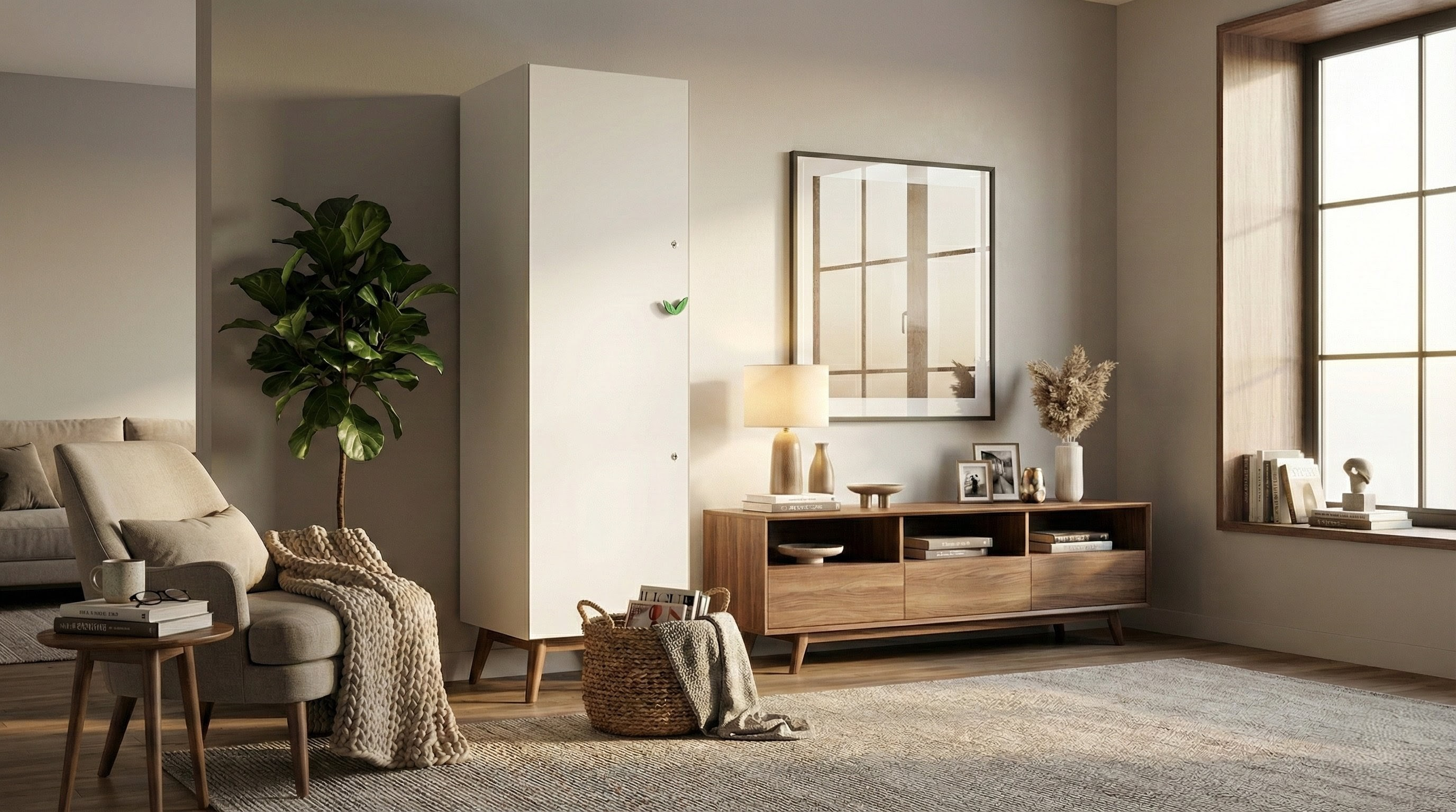 Erleben Sie die perfekte Symbiose aus Hochtechnologie und Ästhetik. Der CLOSETLAB Uno fügt sich als dezentes Design-Möbelstück nahtlos in Ihr Zuhause ein, während er im Inneren autarke Bedingungen für Ihre Pflanzen schafft – diskret, geräuschlos und hocheffizient