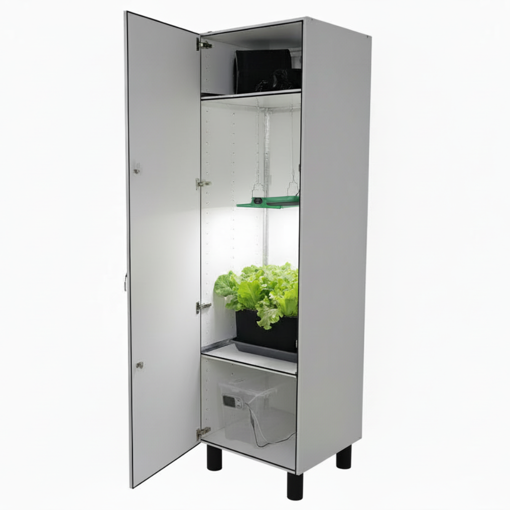 Entdecken Sie den CLOSETLAB Uno in Aktion: Ein voll ausgestattetes Premium-Indoor-Gardening-System, das sich nahtlos als Design-Möbelstück in Ihr Zuhause einfügt. Dank intelligenter Luftführung und Stealth-Bauweise kultivieren Sie Ihre Pflanzen absolut diskret, geruchsneutral und effizient