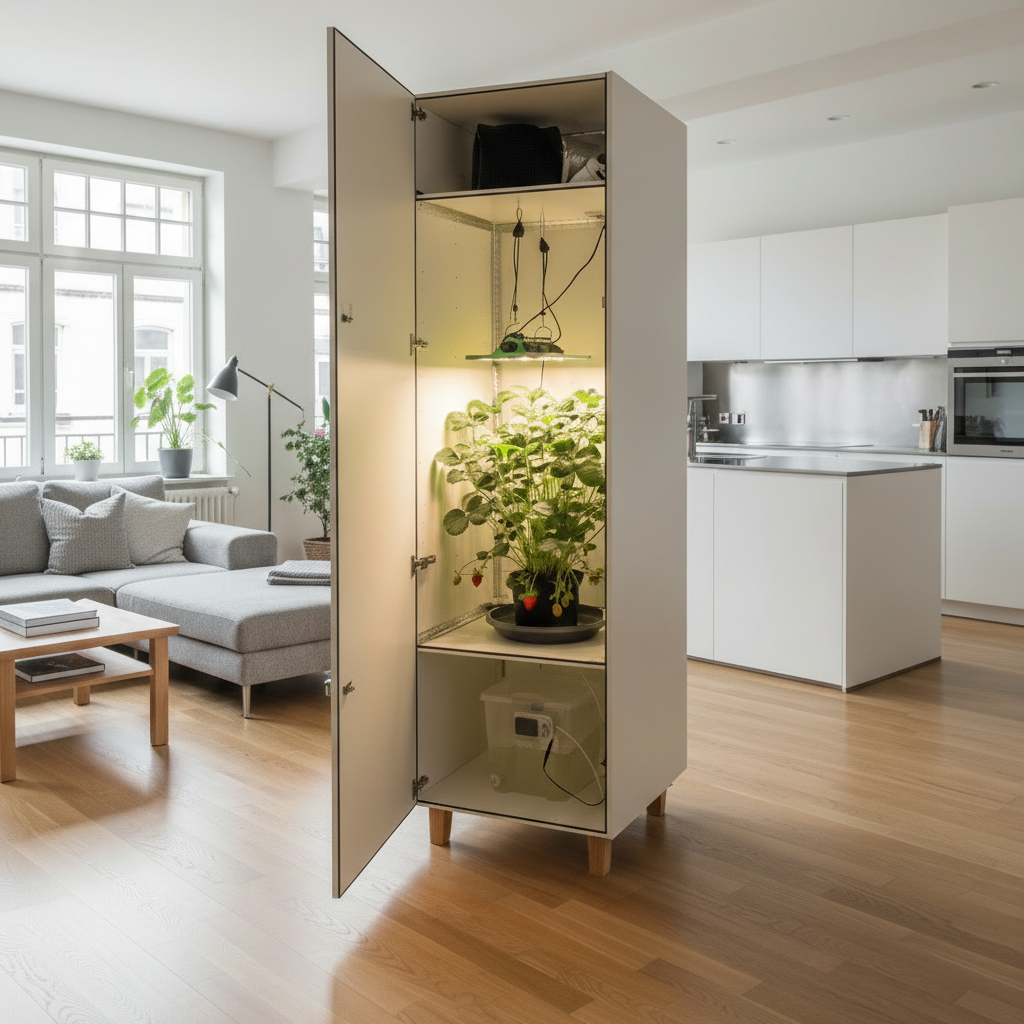 Verwandeln Sie Ihren Wohnraum in eine autonome grüne Oase, ohne Kompromisse beim Einrichtungsstil einzugehen. Der CLOSETLAB Uno verbirgt professionelle Zucht-Technologie und ein ausgeklügeltes Lichtlabyrinth in einem minimalistischen Möbelstück, das sich diskret (Stealth-Design) in Ihr Zuhause einfügt