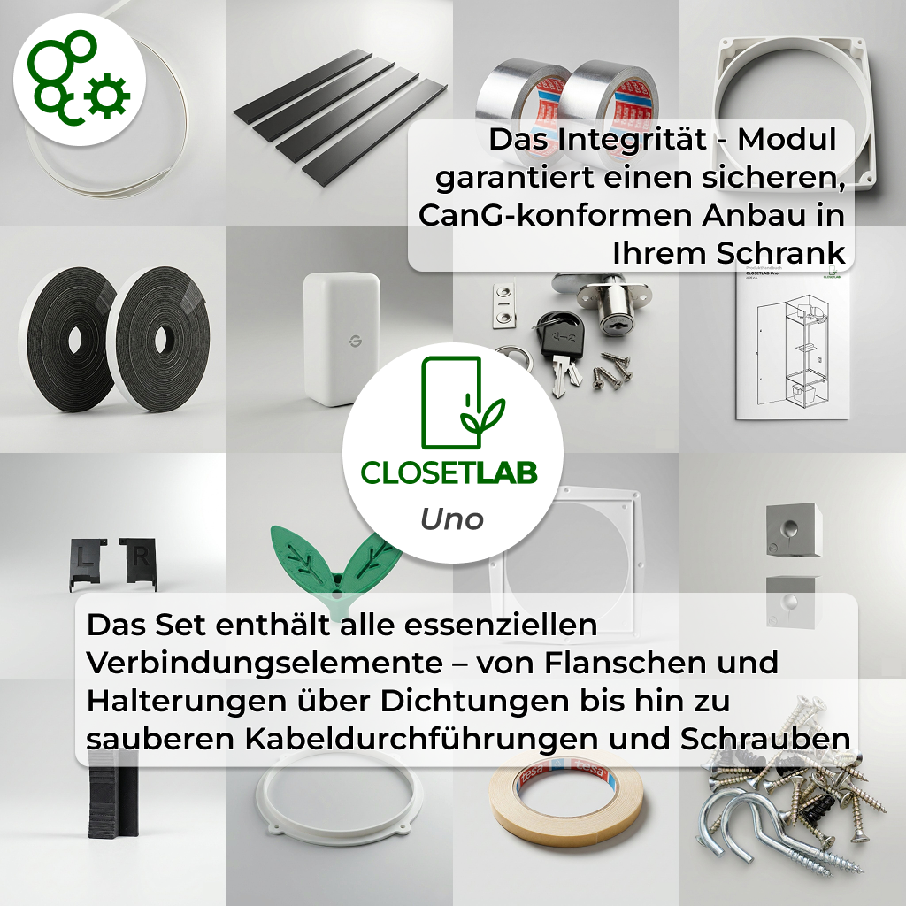 Garantieren Sie Sicherheit und Diskretion für Ihr Indoor-Projekt. Das Integrität-Modul liefert Ihnen alle essenziellen Bauteile für einen luft- und lichtdichten Aufbau sowie das notwendige Schloss für Zugriffsschutz Ihres CLOSETLAB Uno