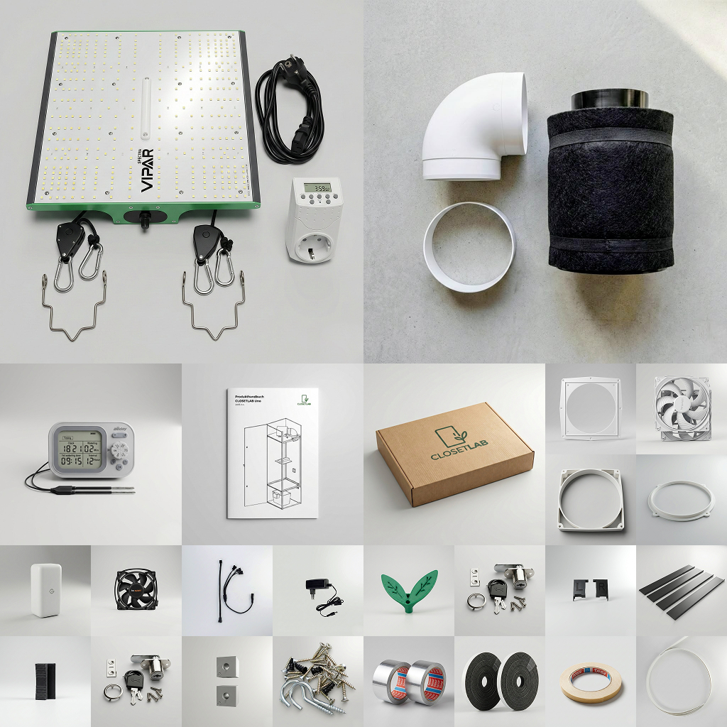 Alles in einer Box für Ihren Erfolg: Dieses Bild zeigt den vollständigen Lieferumfang des Komplettsets mit CLOSETLAB Uno Bausatz. Vom speziell konzipierten Lichtlabyrinth über hochwertige Markenkomponenten (Viparspectra, be quiet!) bis zur letzten Schraube erhalten Sie ein perfekt abgestimmtes System für Ihren diskreten Design-Indoor-Garten