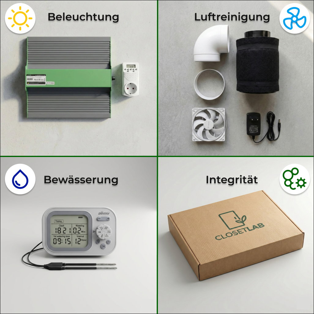 Maximale Autarkie durch Ingenieurskunst: Das 4-Module Uno Upgrade-System vereint leistungsstarke LED-Technik, geruchsneutrale Luftreinigung und intelligente Bewässerung in einem perfekt abgestimmten Komplettset. Verwandeln Sie Ihren Schrank in ein diskretes High-End Biotop